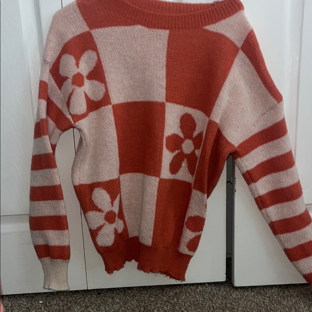 Floral Checkered Sweater - Orange and Cream